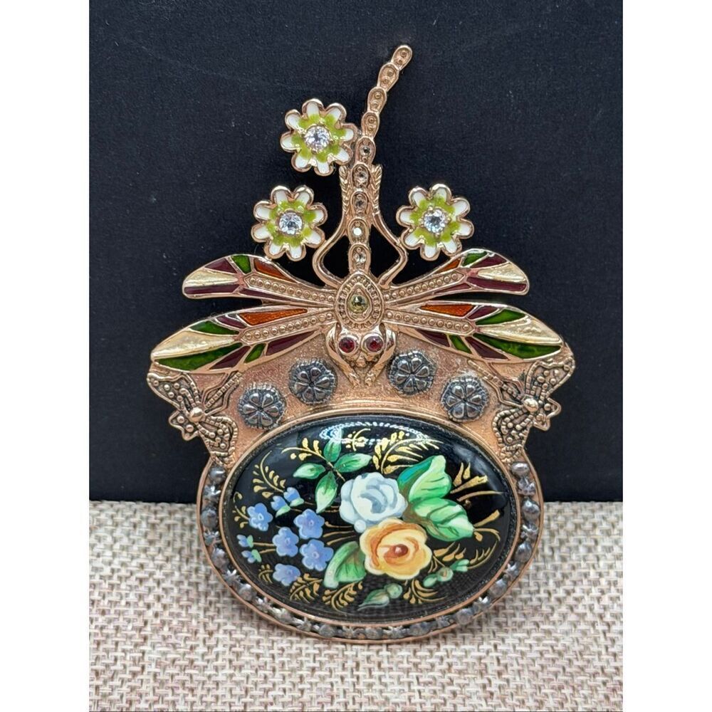 Unique Estate Amy Kahn Russell Bronze Dragonfly Floral Large Pin Pendant